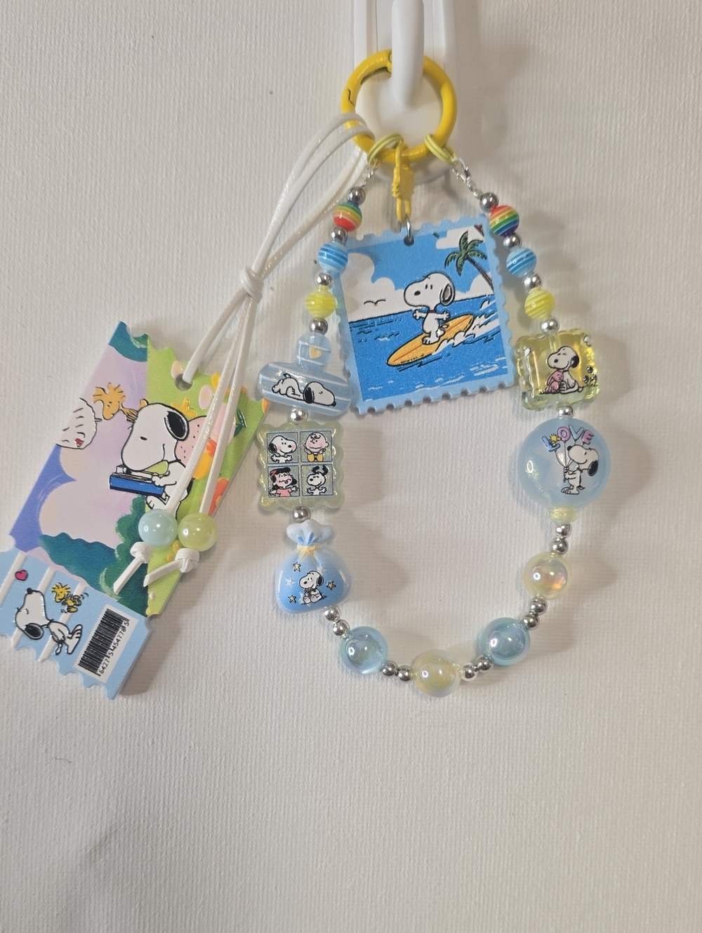 Handmade Peanuts Snoopy Pastel Blue Yellow Beaded Bag Charm Keychain